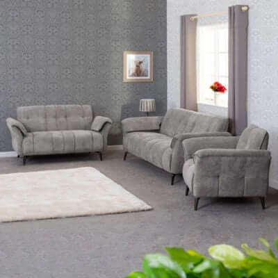 Alt Tag: Farah Collection - 3 Seater Sofa in grey fabric with padded armrests, modern living room set for rental properties