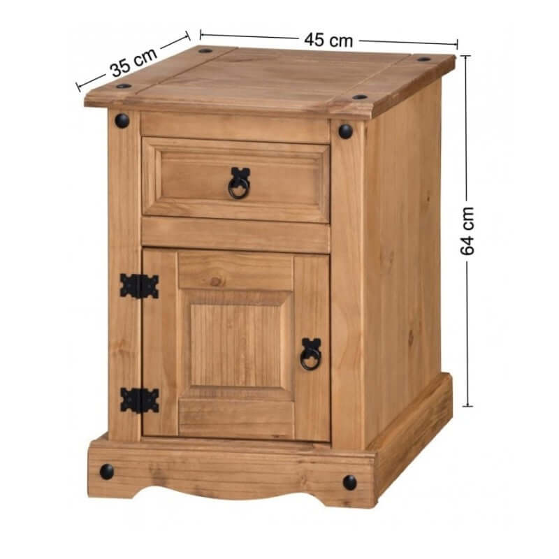 Alt Tag: Mulhern Trio Bedroom Set bedside chest with 1 drawer and 1 door, waxed pine Mexican rustic finish, black studs, 45x35x64cm