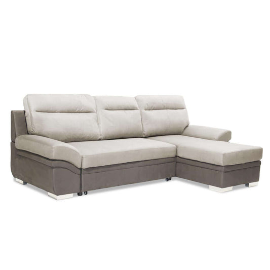 Alt Tag: Murray Corner Sofabed beige corner sofa bed with chaise, faux suede upholstery and padded cushions for compact living spaces