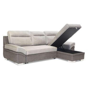 Alt Tag: Murray Corner Sofabed faux suede corner sofa bed with chaise storage compartment open, grey three-seater for small spaces