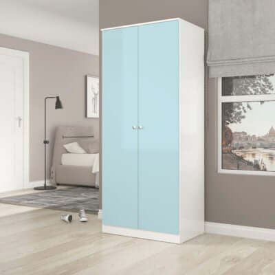 Alt Tag: Norton Trio White and Blue Bedroom Furniture Set wardrobe with matt white frame and blue gloss doors in modern bedroom
