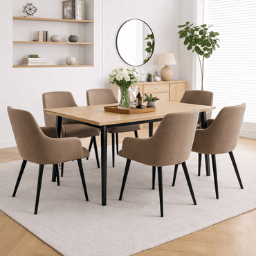 Ruby Dining Chairs - Upholstered beige fabric dining chairs around modern wooden table, curved upholstered seats with black legs