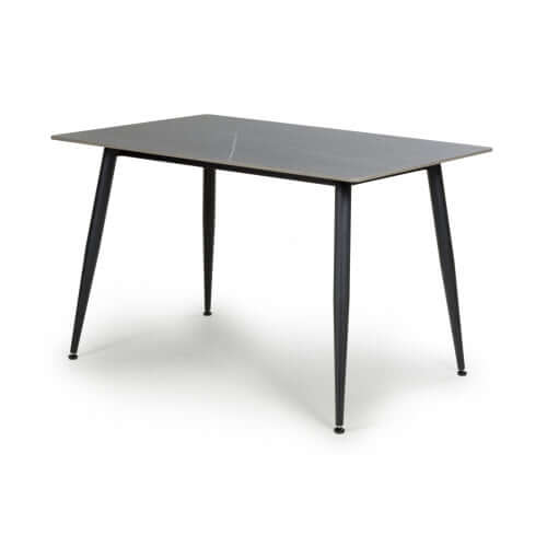 Alt Tag: Sapphire 1.2m Dining Table - Grey rectangular grey ceramic granite-look top with diagonal criss-cross markings and 4 metal legs