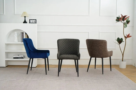 Alt Tag: Suede Oxford Fabric Dining Chairs in navy, grey and brown upholstery, modern dining room seating with black legs