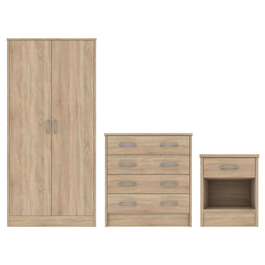 Alt Tag: Willoughby Trio Bedroom Furniture Set oak effect wardrobe, chest of drawers and bedside cabinet for stylish rental bedrooms