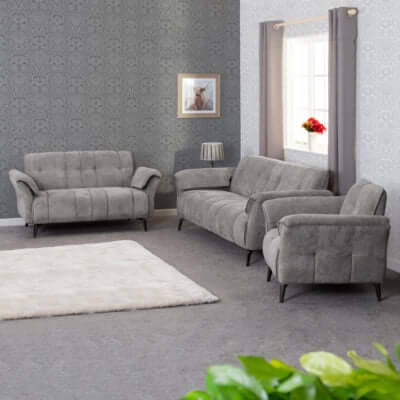 Alt Tag: 2 Seater Sofa - Farah Collection grey fabric lounge suite with padded armrests and modern legs in living room