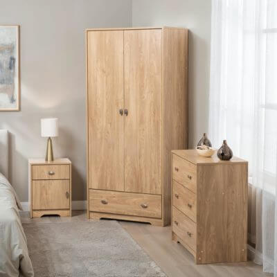Alt Tag: Attenborough Trio Bedroom Furniture Set Medium Oak wardrobe, bedside table and chest of drawers in medium oak finish