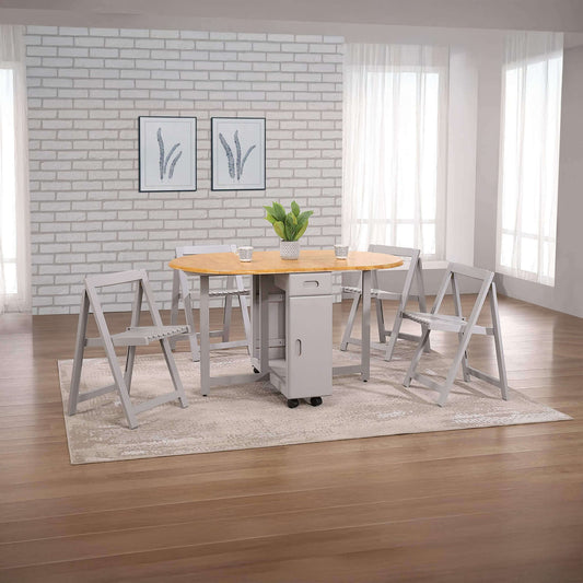 Butterfly Dining Set – Space-Saving Style with 4 Chairs - Oak & Grey oval drop-leaf table with four grey chairs in bright dining room