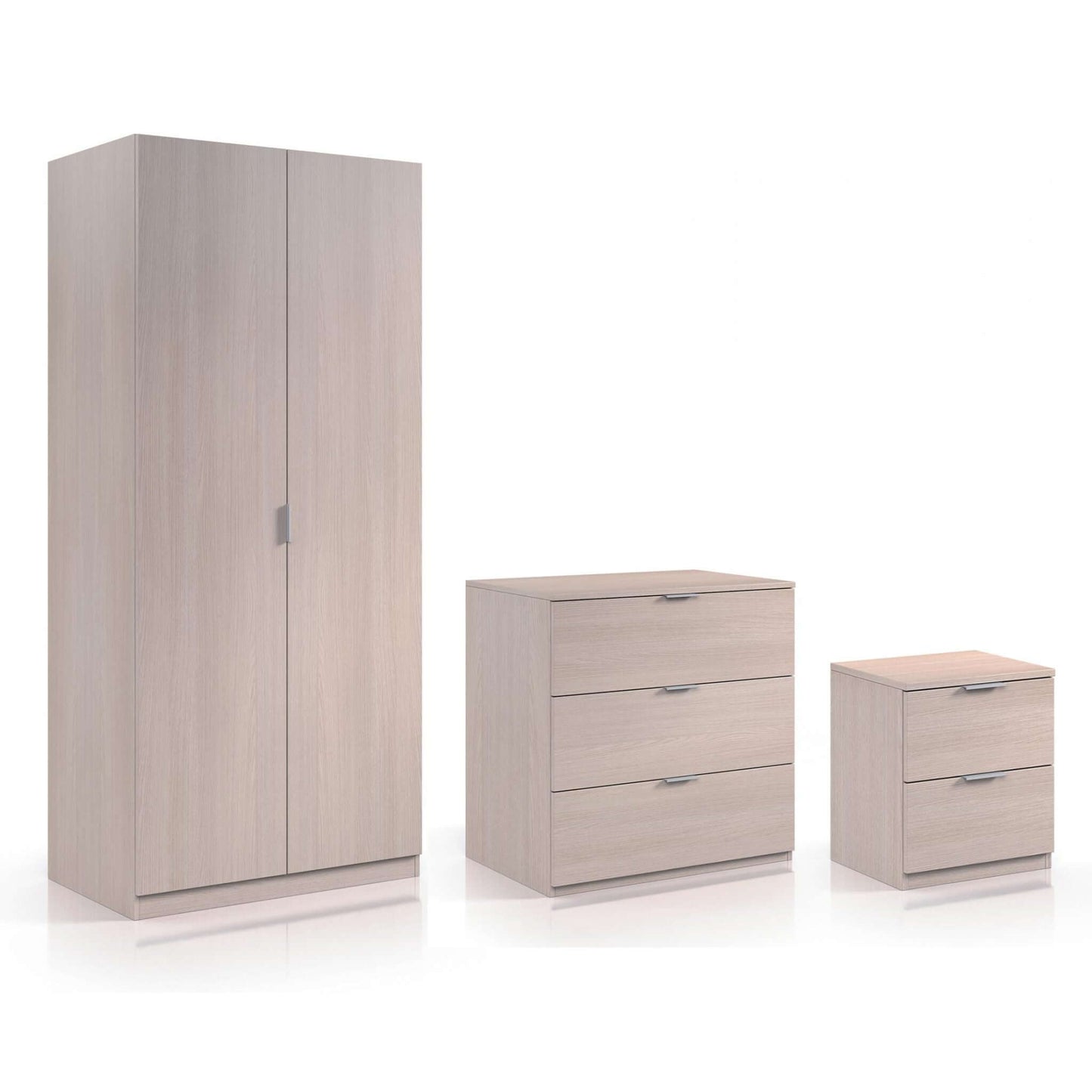 Alt Tag: Carr Trio Bedroom Furniture Set wardrobe, 3-drawer chest and bedside cabinet in oak effect, space-saving rental bedroom furniture
