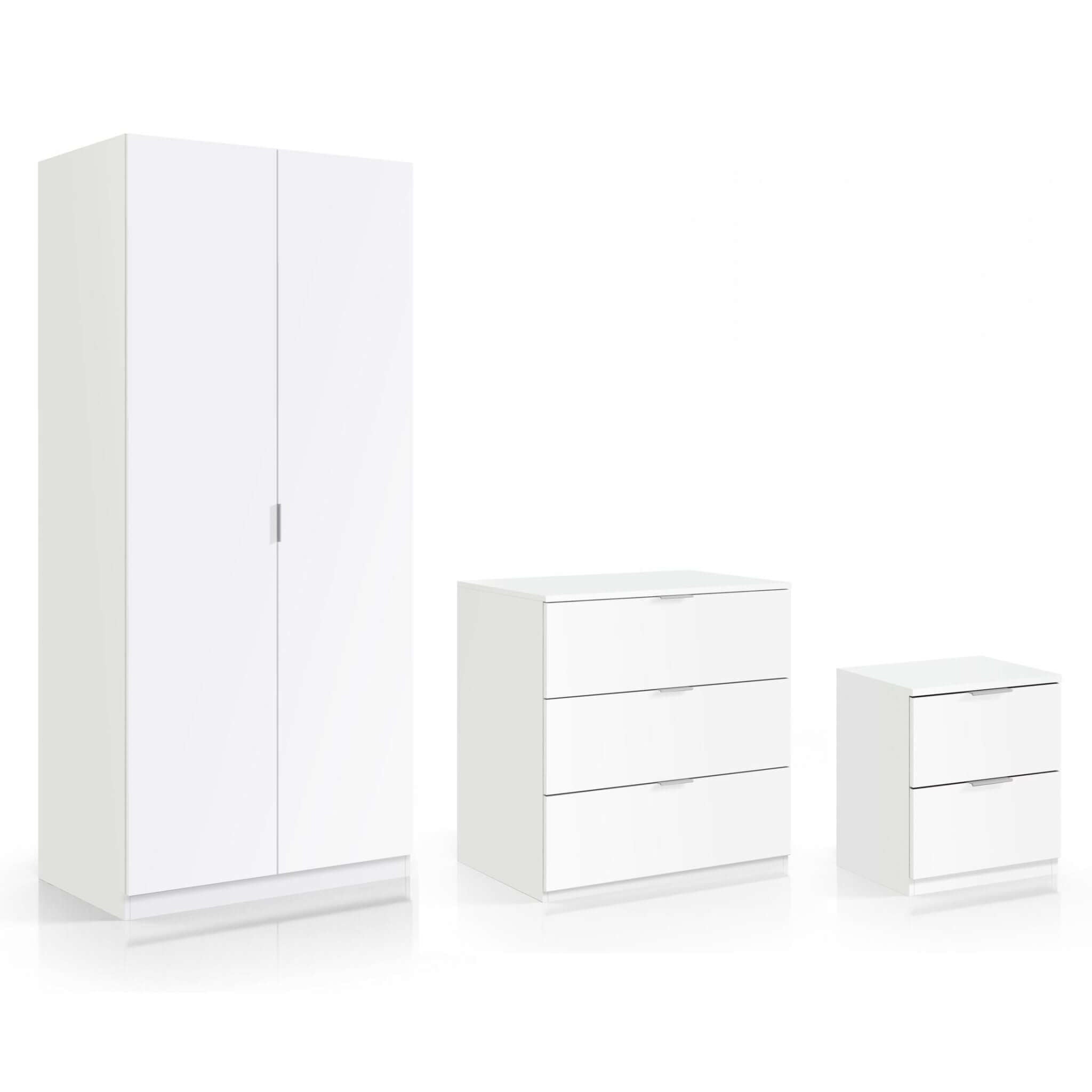 Alt Tag: Carr Trio Bedroom Furniture Set in white with wardrobe, chest of drawers and bedside cabinet - space-saving rental bedroom furniture