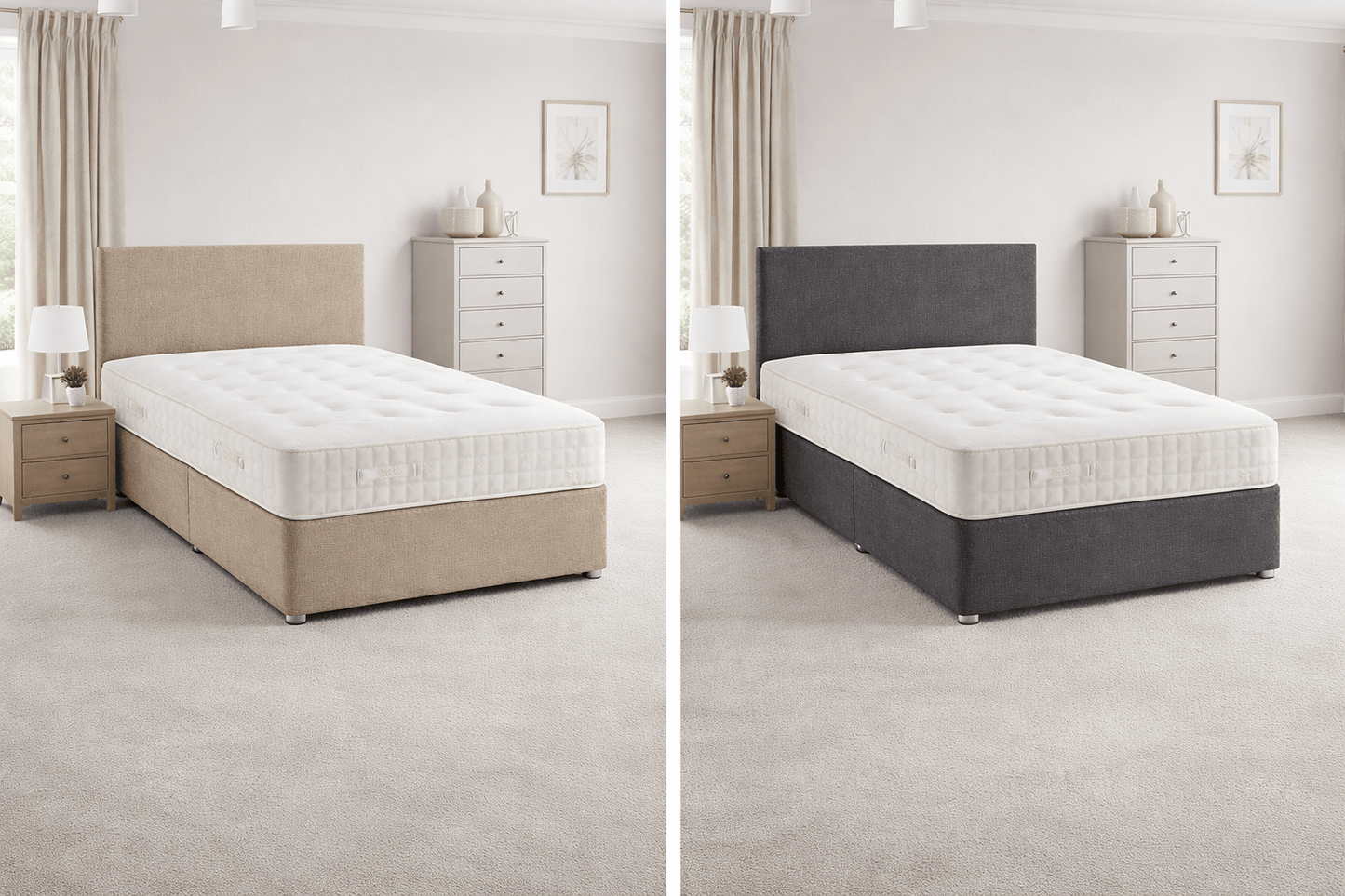 Alt Tag: Divan Bed, Headboard & Mattress in beige and dark grey with upholstered headboard and mattress, UK-made bedroom set