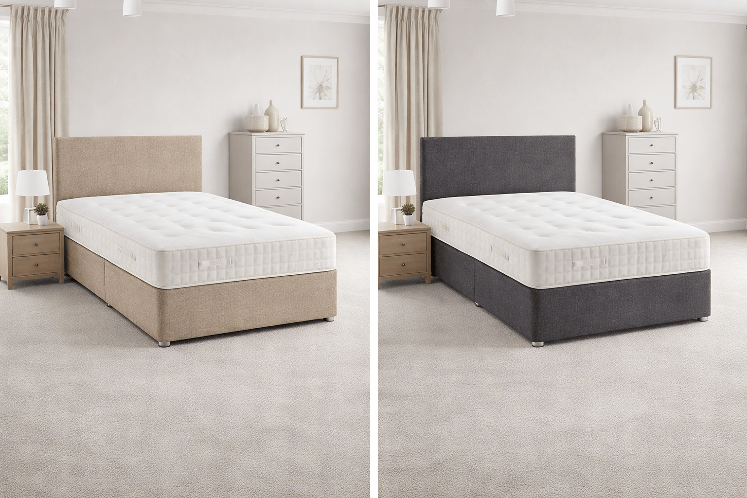 Alt Tag: Divan Bed, Headboard & Mattress in beige and dark grey with upholstered headboard and mattress, UK-made bedroom set