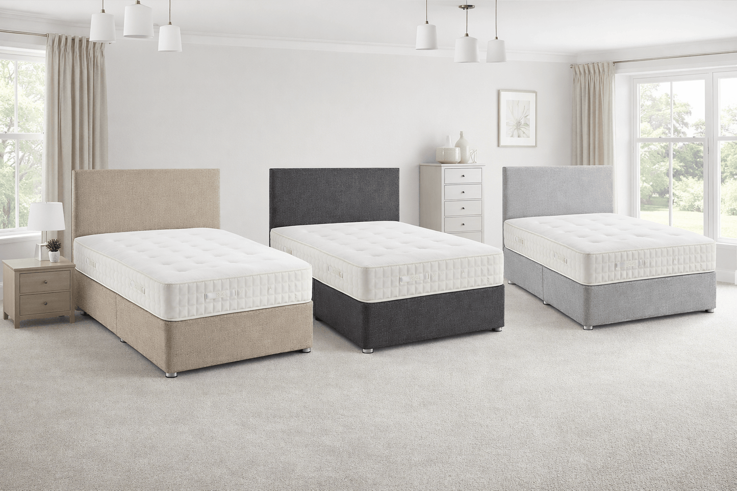 Divan Bed, Headboard & Mattress in UK-made luxury support set, shown in beige, dark grey and light grey divan beds with mattresses