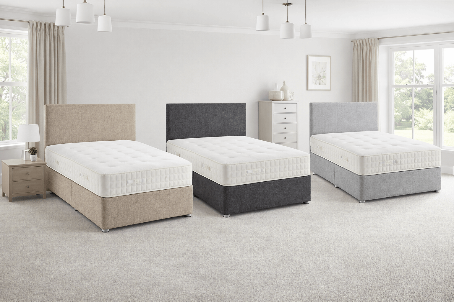 Divan Bed, Headboard & Mattress in UK-made luxury support set, shown in beige, dark grey and light grey divan beds with mattresses