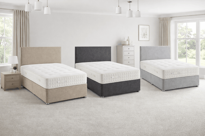 Divan Bed, Headboard & Mattress in UK-made luxury support set, shown in beige, dark grey and light grey divan beds with mattresses
