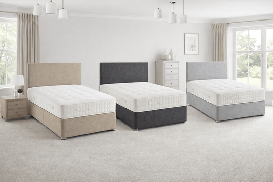 Divan Bed, Headboard & Mattress in UK-made luxury support set, shown in beige, dark grey and light grey divan beds with mattresses
