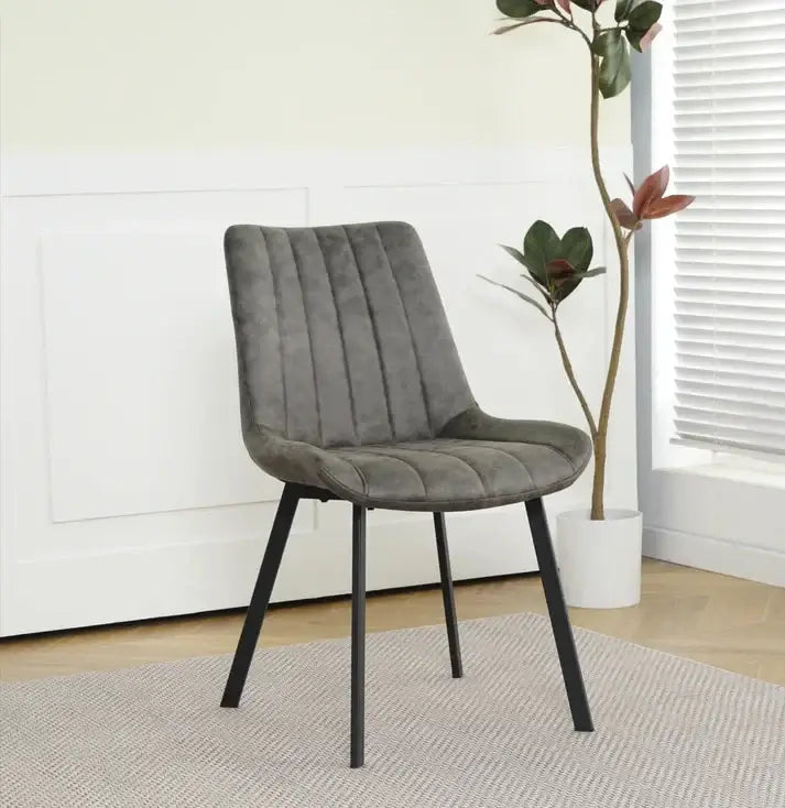 Alt Tag: Isla Dining Chairs - Upholstered grey fabric dining chair with padded seat, Scandinavian style, black metal legs