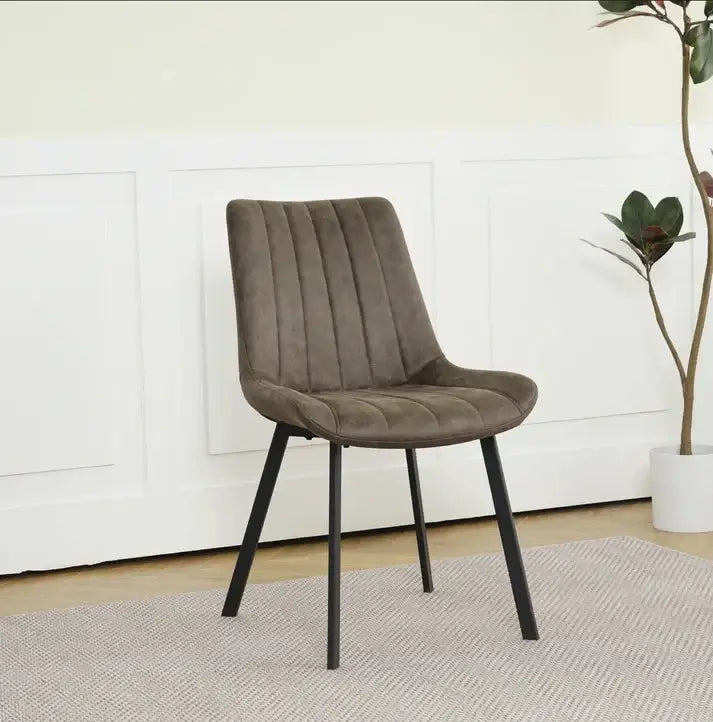 Alt Tag: Isla Dining Chairs - Upholstered grey fabric dining chair with padded seat and black legs, Scandinavian modern style