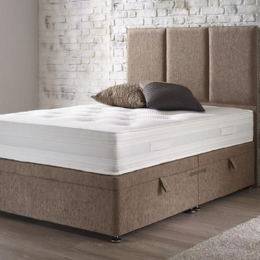 Alt Tag: Lullaby Pocket Mattress on upholstered divan bed with tufted headboard, quilted surface, and pocket spring comfort support