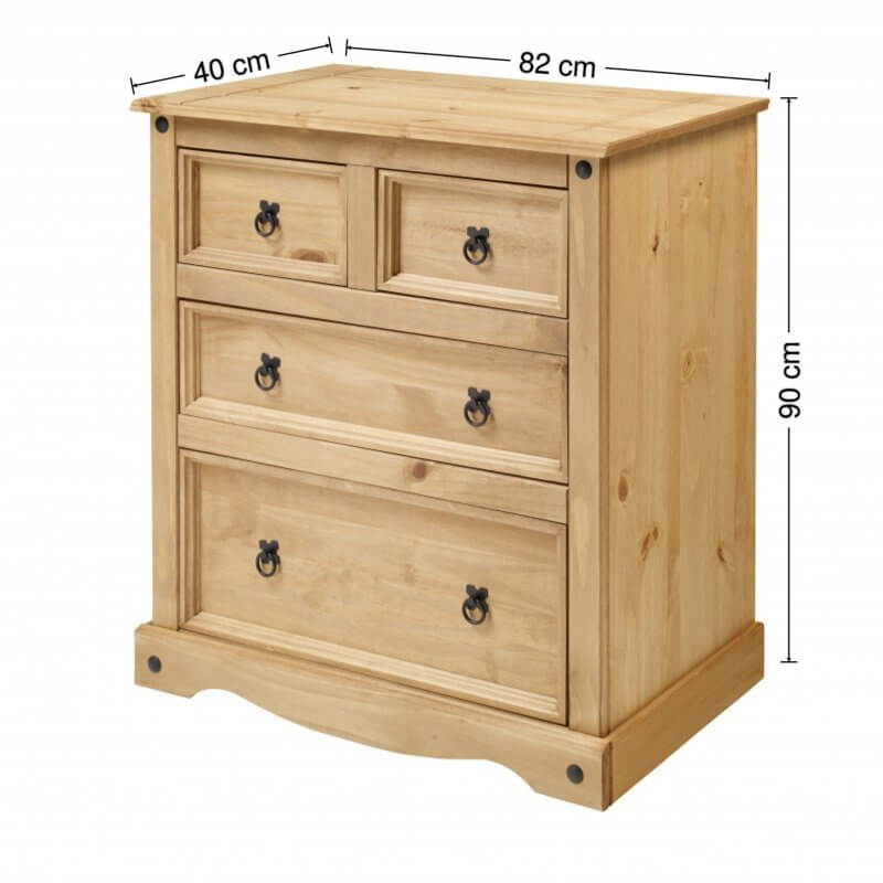 Alt Tag: Mulhern Trio Bedroom Set 4-drawer waxed pine chest of drawers with black studs, 82cm wide x 90cm high