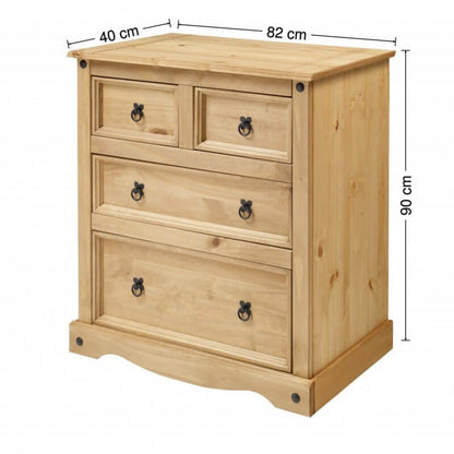 Alt Tag: Mulhern Trio Bedroom Set 4-drawer waxed pine chest of drawers with black studs, 82cm wide x 90cm high