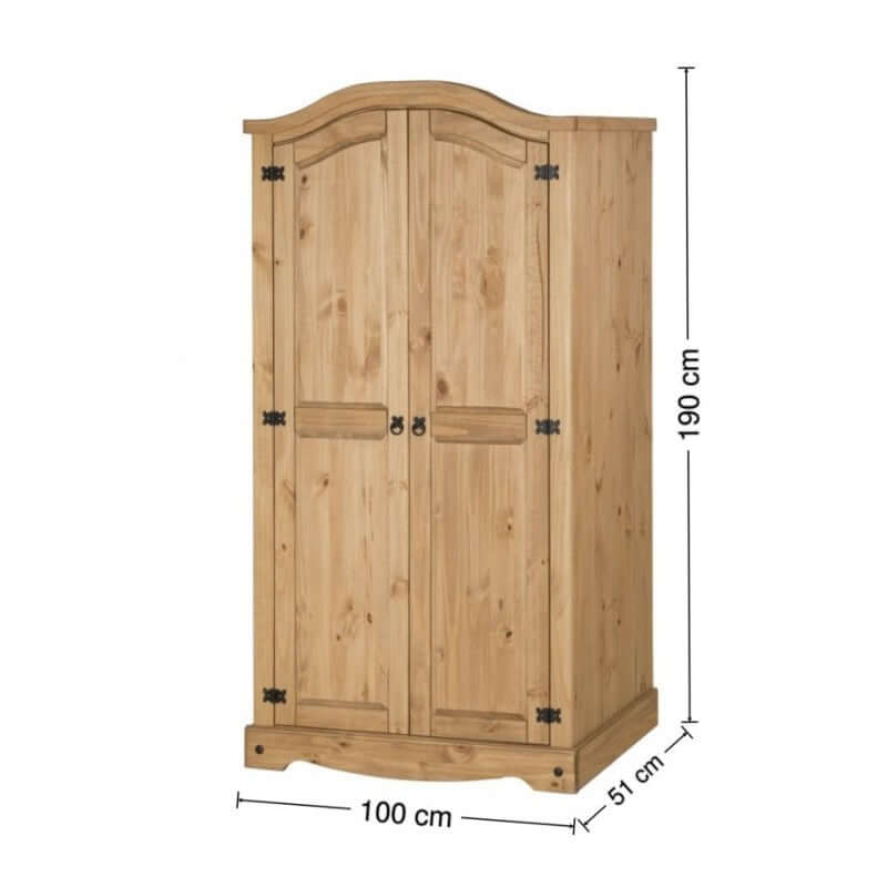 Alt Tag: Mulhern Trio Bedroom Set 2-door waxed pine wardrobe with black studs, Mexican rustic style, 190x100x51 cm
