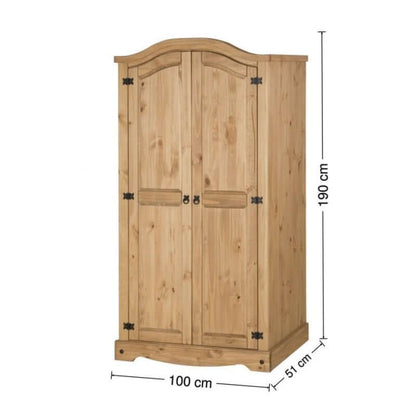 Alt Tag: Mulhern Trio Bedroom Set 2-door waxed pine wardrobe with black studs, Mexican rustic style, 190x100x51 cm