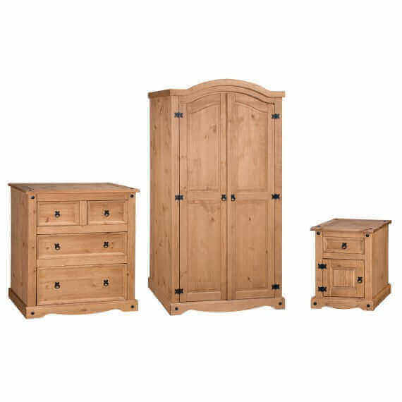 Alt Tag: Mulhern Trio Bedroom Set rustic waxed pine wardrobe, 4-drawer chest and 1-drawer bedside unit with black stud detailing