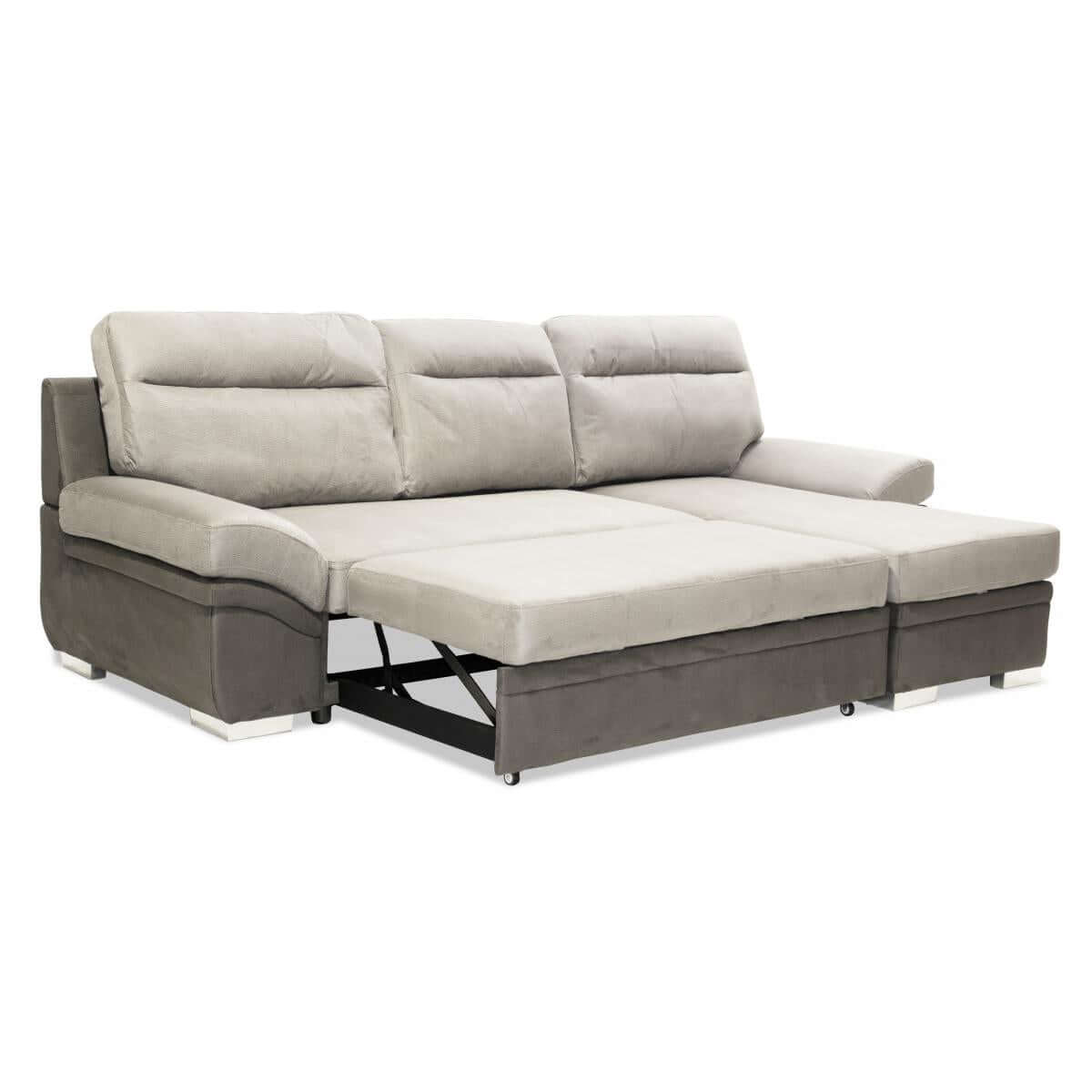 Alt Tag: Murray Corner Sofabed faux suede corner sofa bed with chaise, pull-out bed function, padded armrests and cushions in grey