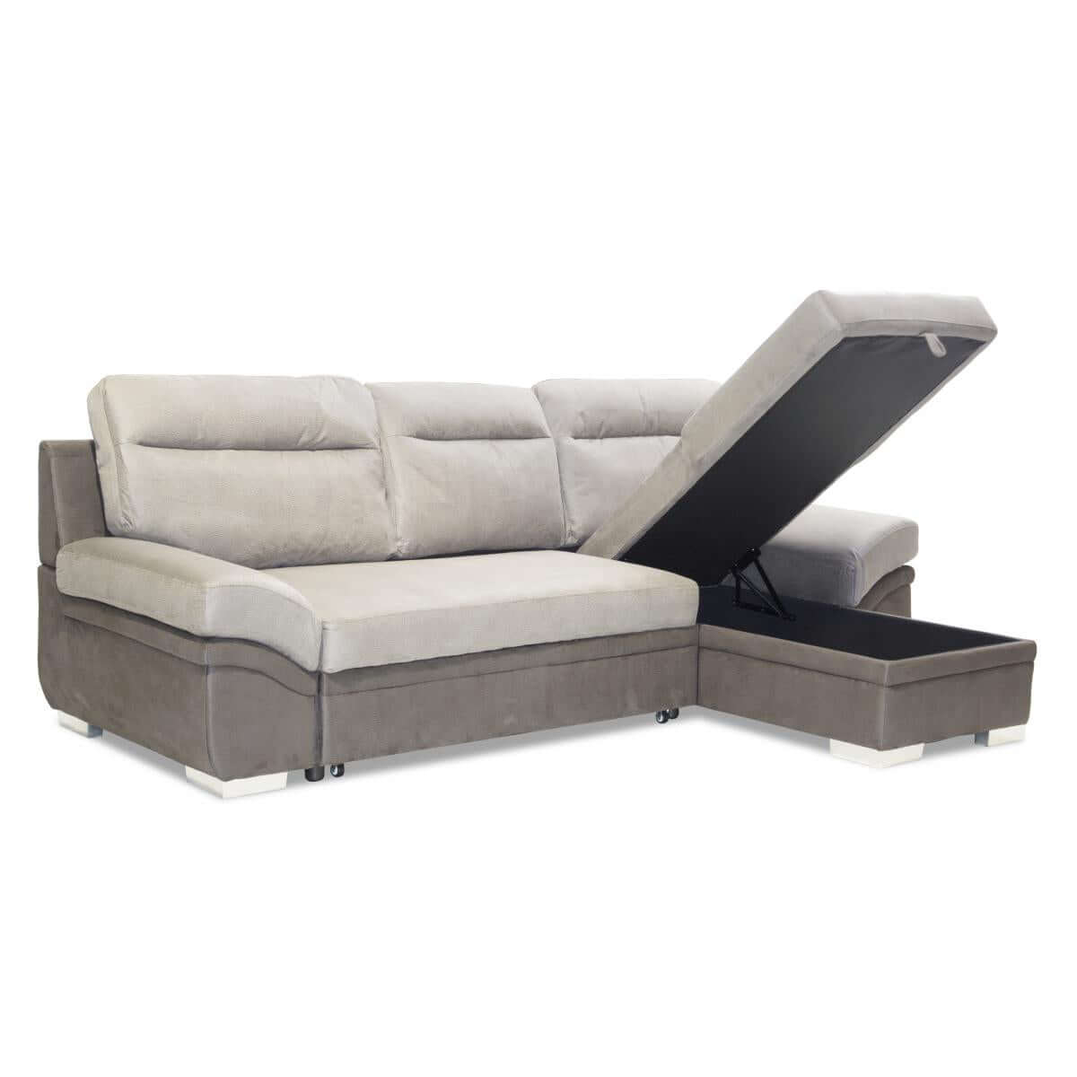 Alt Tag: Murray Corner Sofabed faux suede corner sofa bed with chaise storage compartment open, grey three-seater for small spaces