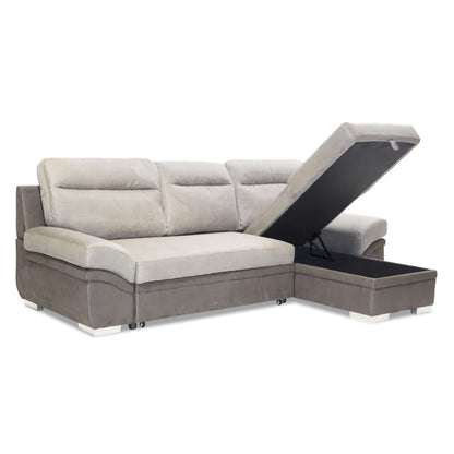 Alt Tag: Murray Corner Sofabed faux suede corner sofa bed with chaise storage compartment open, grey three-seater for small spaces