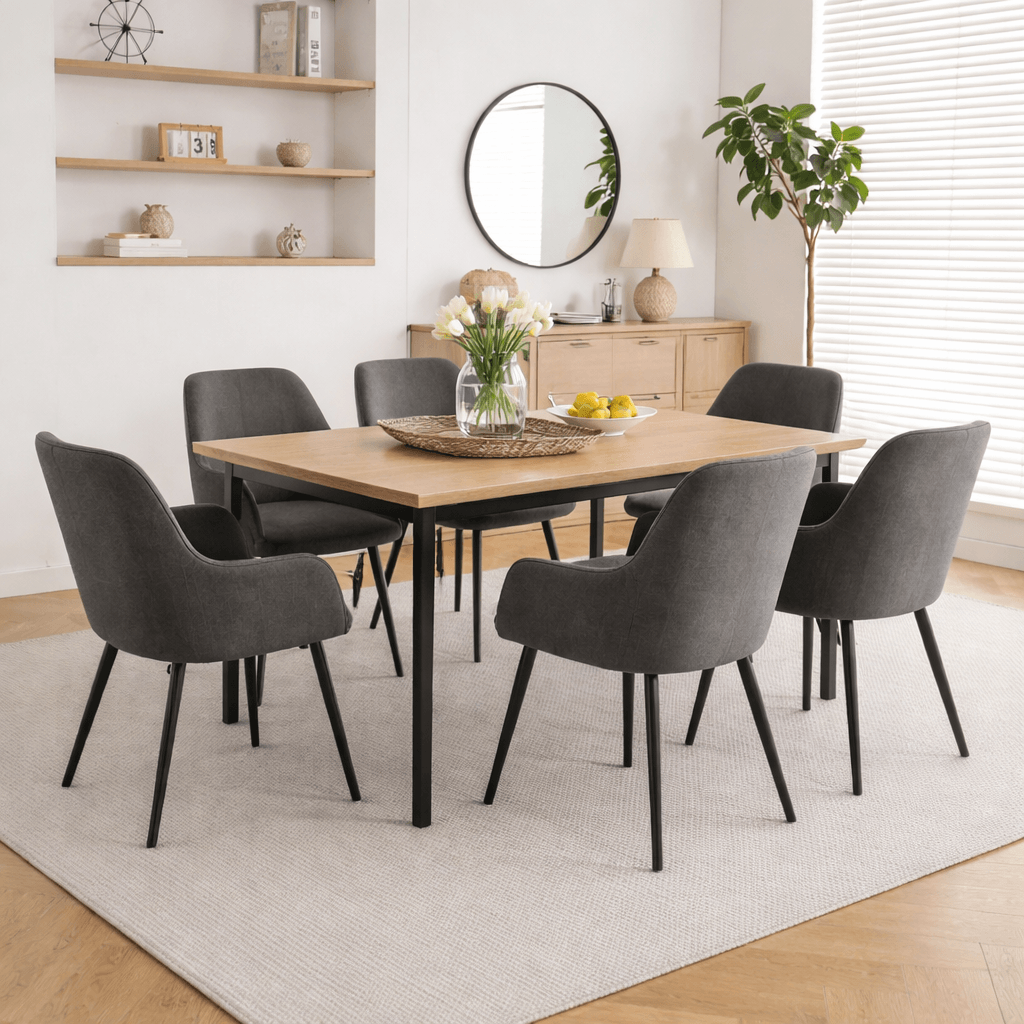 Ruby Dining Chairs - Upholstered charcoal fabric dining chairs around modern wooden dining table in bright contemporary dining room