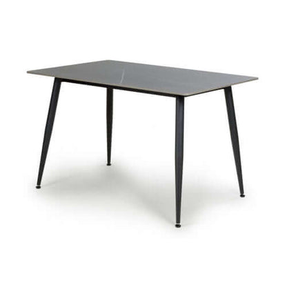 Alt Tag: Sapphire 1.2m Dining Table - Grey rectangular grey ceramic granite-look top with diagonal criss-cross markings and 4 metal legs
