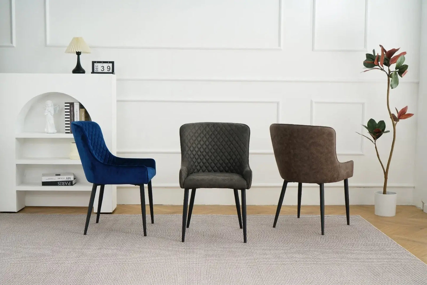 Alt Tag: Suede Oxford Fabric Dining Chairs in navy, grey and brown upholstery, modern dining room seating with black legs