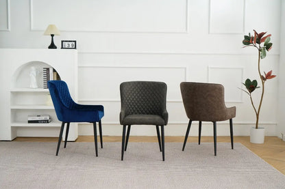 Alt Tag: Suede Oxford Fabric Dining Chairs in navy, grey and brown upholstery, modern dining room seating with black legs