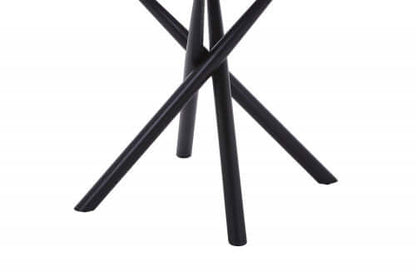 Alt Tag: Tuscan Dining Table black metal legs detail for round tempered glass dining set with 4 brushed velvet grey chairs