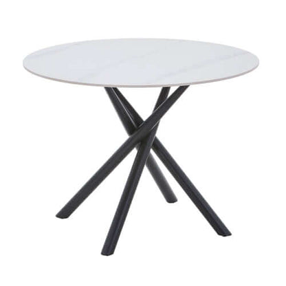 Alt Tag: Tuscan Dining Table White round white marble-effect ceramic top dining table with black powder-coated cross-frame metal legs