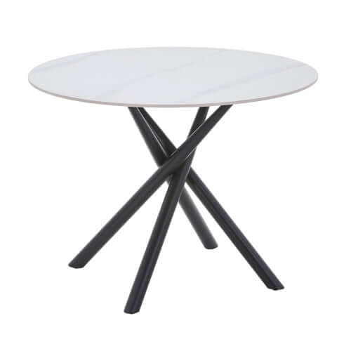 Alt Tag: Tuscan Dining Table White round white marble-effect ceramic top dining table with black powder-coated cross-frame metal legs