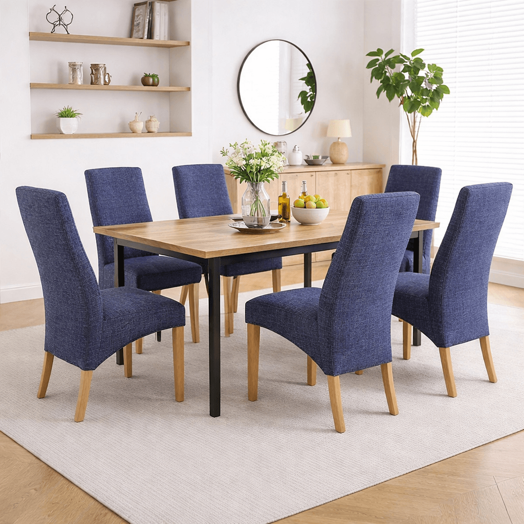 Alt Tag: Upholstered "Dexter" Waveback Dining Chairs in navy textured fabric with oak legs around wooden dining table in modern dining room