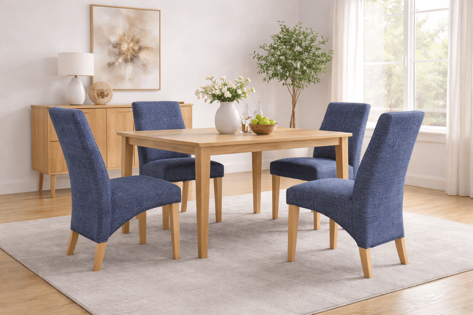 Upholstered "Dexter" Waveback Dining Chairs in blue textured fabric with oak legs around a wooden dining table in a modern dining room