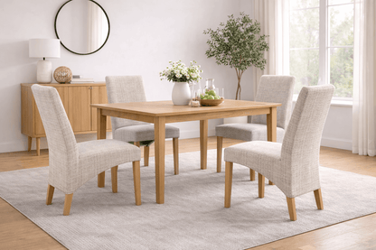 Alt Tag: Upholstered "Dexter" Waveback Dining Chairs upholstered fabric chairs with oak legs around modern dining table