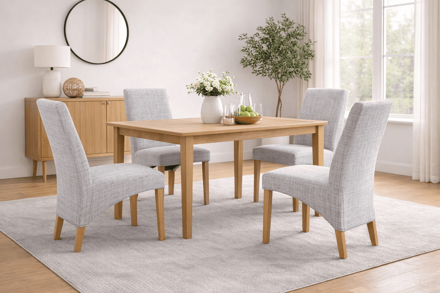 Alt Tag: Upholstered "Dexter" Waveback Dining Chairs in textured fabric with oak legs around wooden dining table in modern dining room