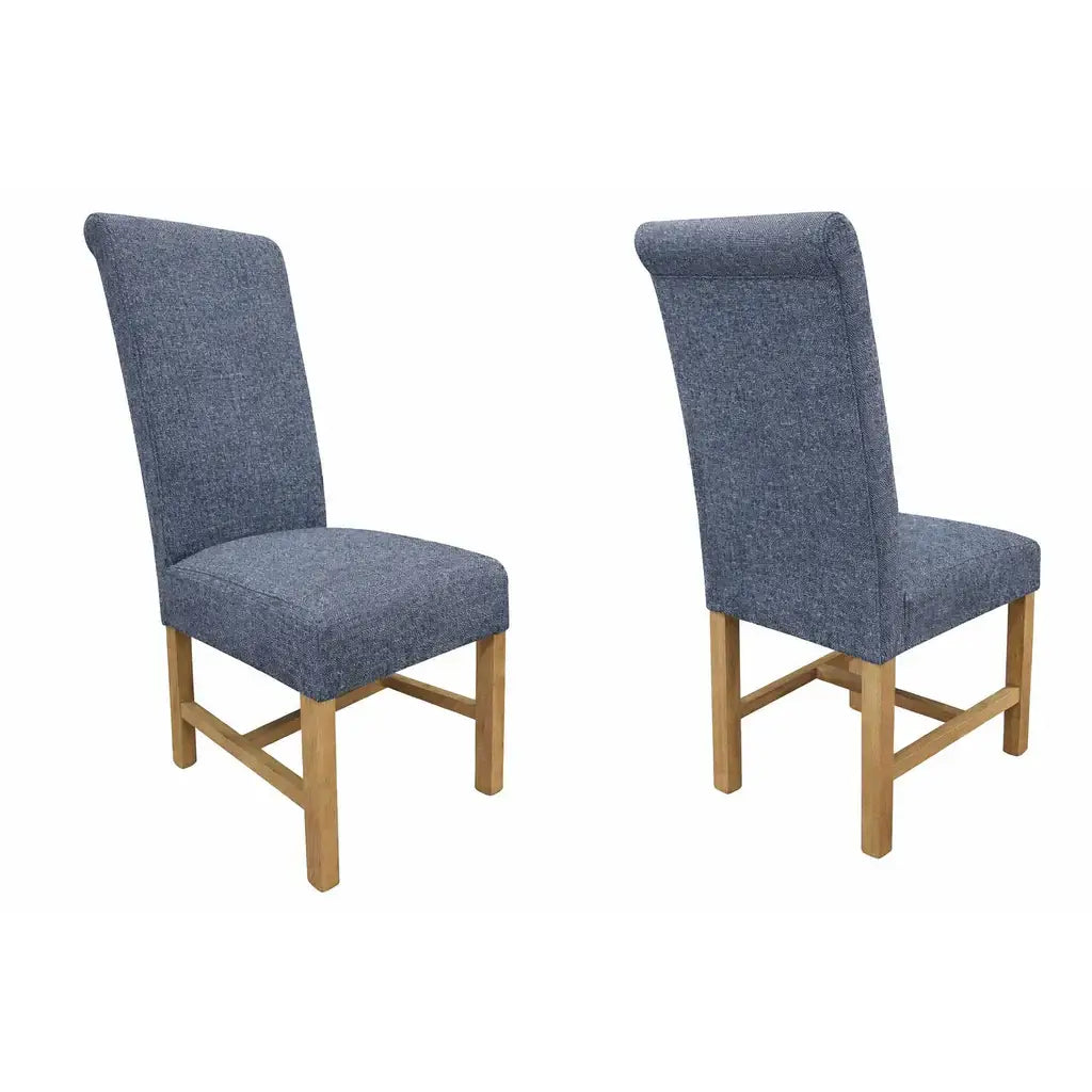 Alt Tag: Upholstered "Dexter" Waveback Dining Chairs in textured fabric with wave-back support and solid oak legs, modern padded dining seating