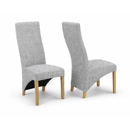 Alt Tag: Upholstered "Dexter" Waveback Dining Chairs in textured grey fabric with solid oak legs, modern padded dining chair set