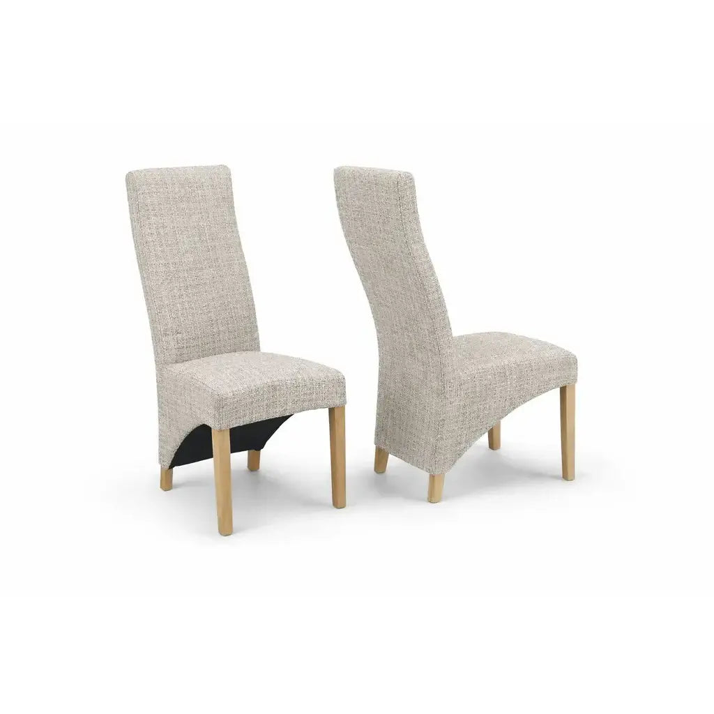 Alt Tag: Upholstered "Dexter" Waveback Dining Chairs in textured fabric with padded seats and solid oak legs, modern supportive wave-back design