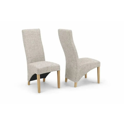 Alt Tag: Upholstered "Dexter" Waveback Dining Chairs in textured fabric with padded seats and solid oak legs, modern supportive wave-back design