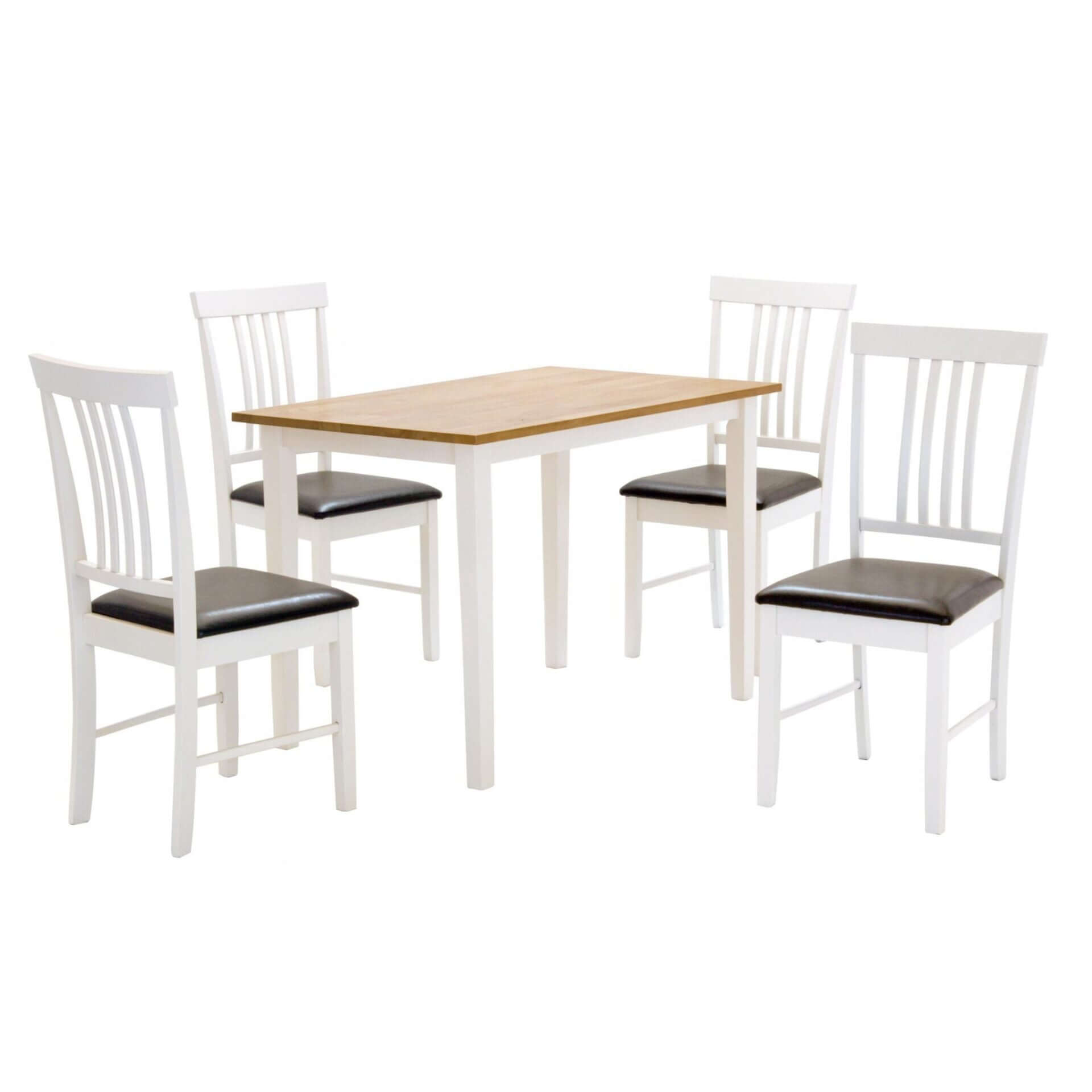 Alt Tag: Velar Medium Dining Set – White & Oak Finish (Seats 4) white and oak dining table with 4 white upholstered chairs