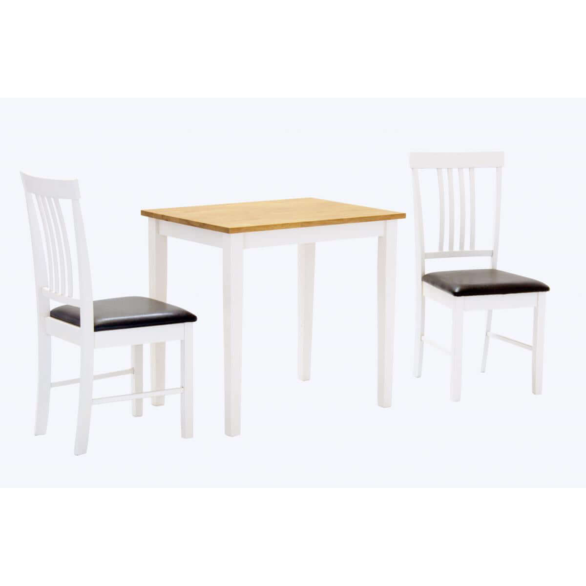 Alt Tag: Velar White Small Dining Set with 2 Chairs Oak & White small white table with oak top and 2 white chairs for compact spaces