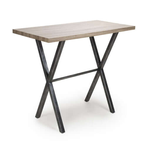 Alt Tag: Virage Breakfast Bar industrial bar table with antique pine effect rectangular top and black cross frame metal legs