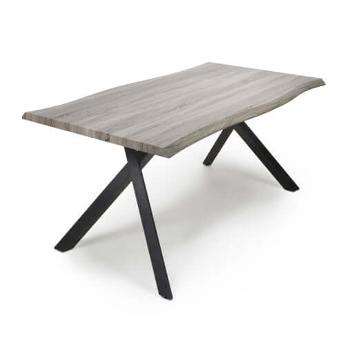 Alt Tag: Virage Medium Live Edge Dining Table antique pine effect 1.6m with curved live edge top and black metal cross frame legs